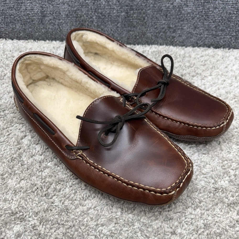 LL Bean Double Sole Brown Leather Slippers Moccasins 197691 shearling men's 14 D